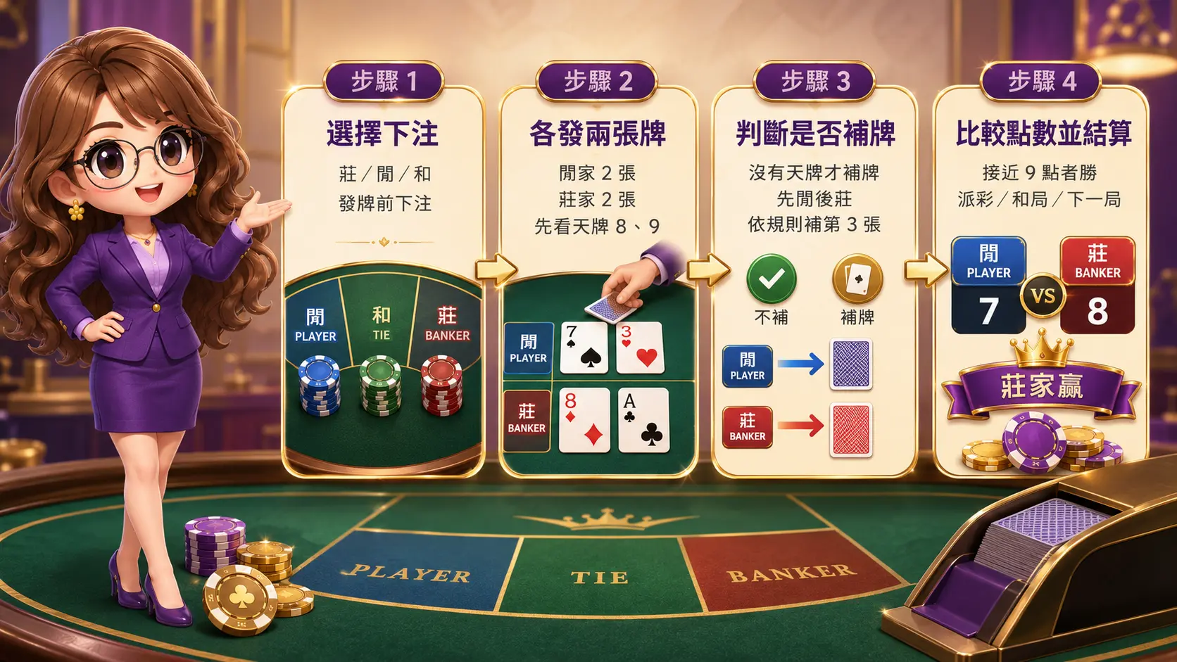 百家樂流程從步驟一:選擇下注項目後，莊閒兩家各發兩張牌，系統再依據補牌規則判斷發牌後，比較雙方點數後即可結算派彩