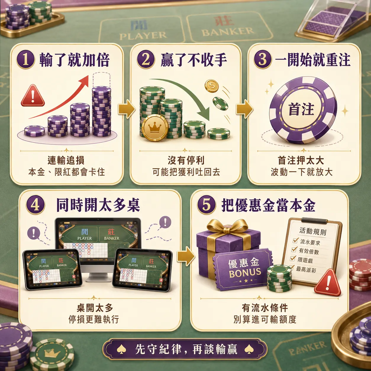 百家樂資金控管禁止輸了就加倍、贏了不收手、同時開太多桌…等常見錯誤