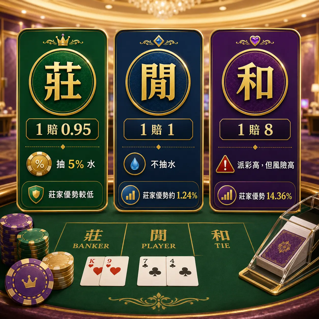 莊、閒、和的賠率差異:莊抽 5% 水、閒 1 賠 1、和 8 倍