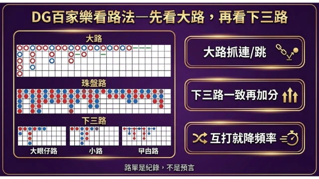 DG百家樂路單位置—大路珠盤路與下三路示意
