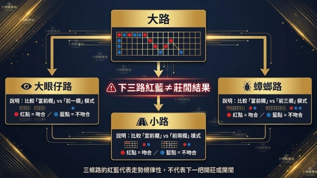 百家樂下三路結構說明圖,圖上顯示大眼仔路、小路、蟑螂路三條路均從大路衍生,分別比較前一欄、前兩欄、前三欄的模式規律性,並標注下三路紅藍不等於莊閒結果的重要提示