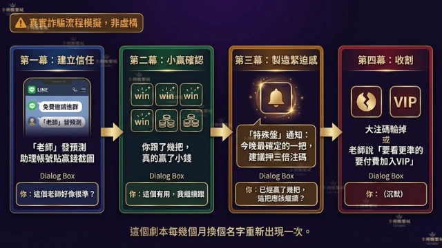 百家樂報牌群詐騙完整劇本四幕流程圖,依序顯示建立信任免費進群、小贏確認跟單、製造緊迫感要求加碼、收割大注碼輸錢或要求付費的完整詐騙流程