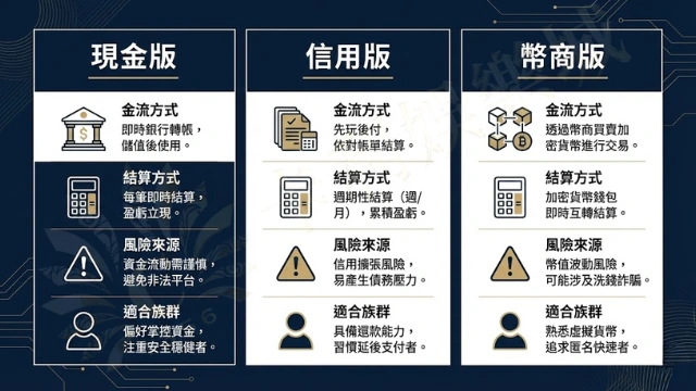 2026 現金版娛樂城與信用版差別比較圖，包含結算方式與風險分析