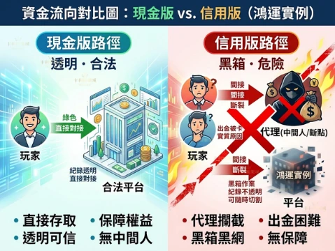 娛樂城資金流向對比圖,展示現金版平台直接對接玩家出金,與鴻運信用版透過代理中間人(人為斷點)結算的架構風險差異。