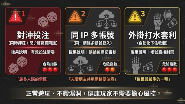 娛樂城風控三大雷區警示圖,包含對沖投注導致有效投注清零、同IP多帳號操作帳號被標記、外掛打水套利帳號封禁三種高風險行為及其後果