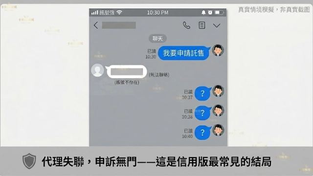 信用版娛樂城代理失聯情境示意圖，模擬玩家申請出金後代理已讀不回並帳號消失的過程
