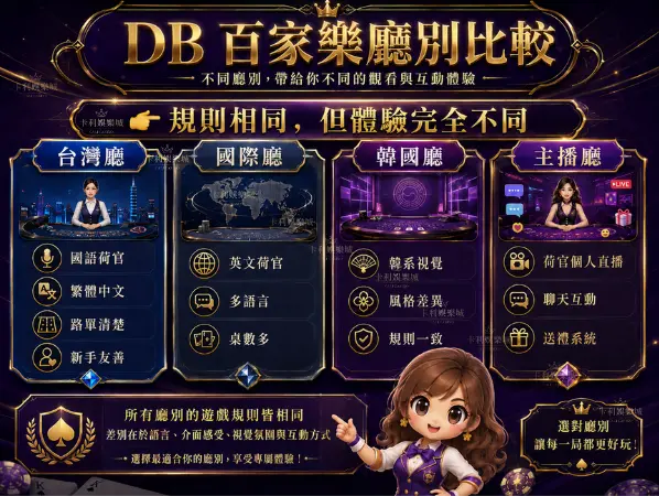 DB真人百家樂不同遊戲廳比較，包括台灣廳、國際廳、韓國廳與主播廳特色