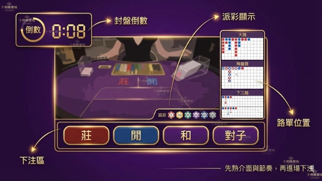 DG百家樂下注區與倒數時間介面示意