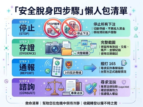 2026 最新鴻運信用版安全脫身教學懶人包,內容包含停止下注、截圖對話紀錄、撥打 165 反詐專線與法律扶助諮詢的具體執行步驟。