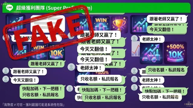 LINE娛樂城報牌群組常見之獲利截圖與代操詐騙陷阱示意圖